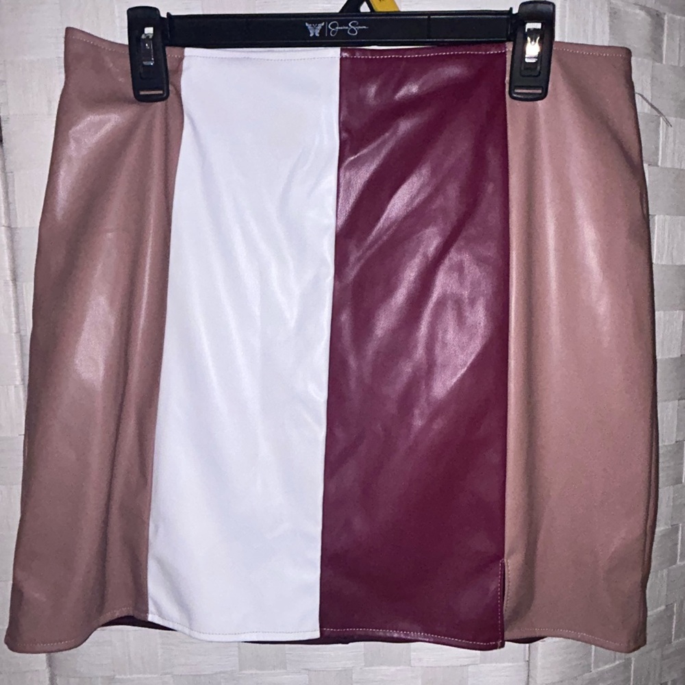 Ces Femme Colorblock Faux Leather Mini Skirt — Camel, White & Burgundy